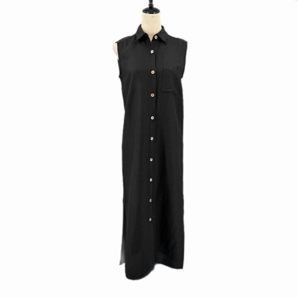 Vintage Sara Campbell Black Button Down Chic Sleeveless Lightweight Shirt Dress